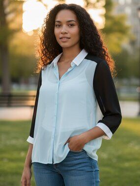 Button Down Shirt Blouse Sheer Fabric Spring 2 tones blue Sz L